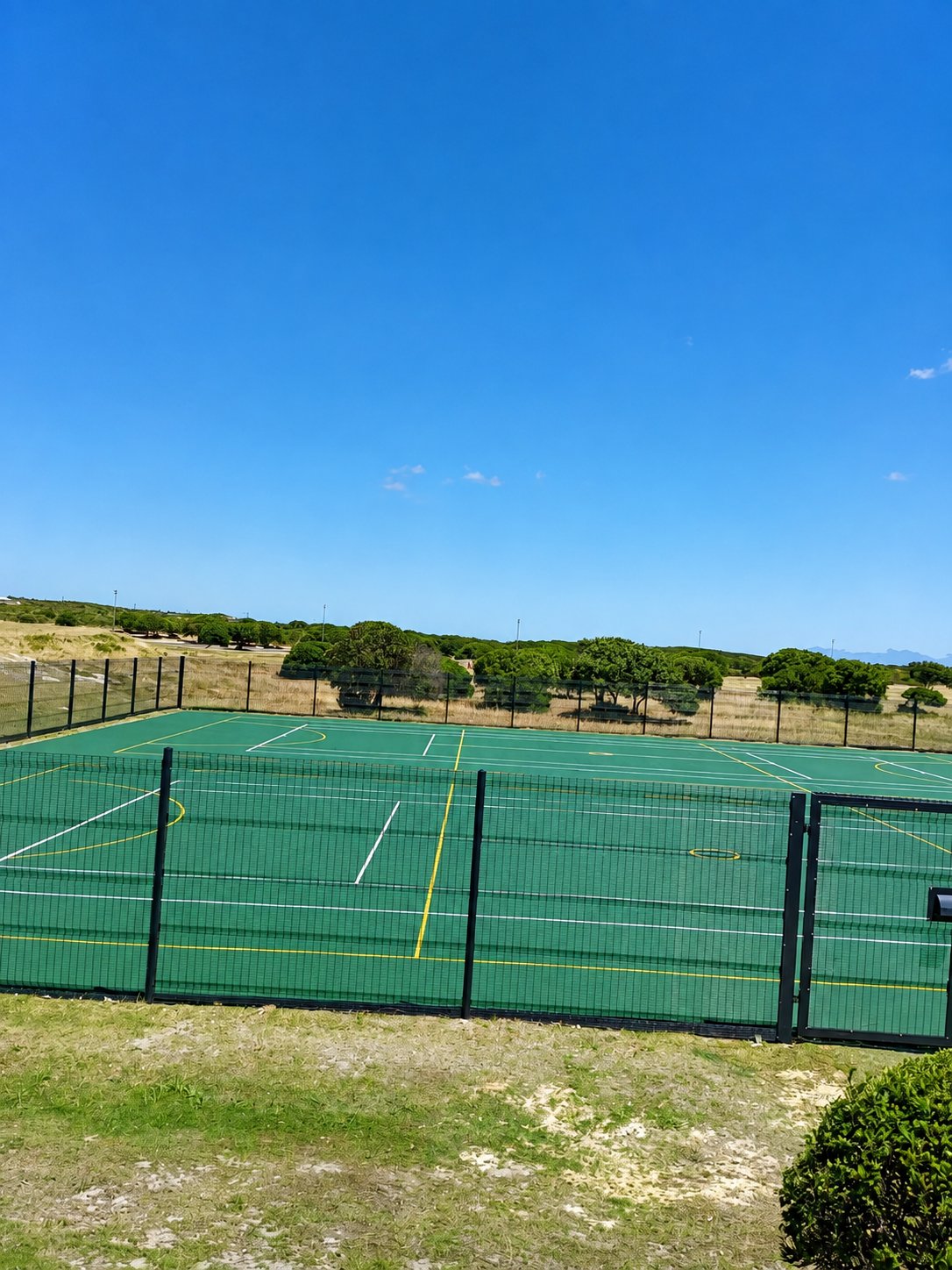 All-weather green sports court with perimeter fencing
